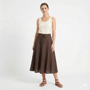 E-COL-O-GIE 100% Linen Brown Gored Circle Midi Skirt Sz 10
